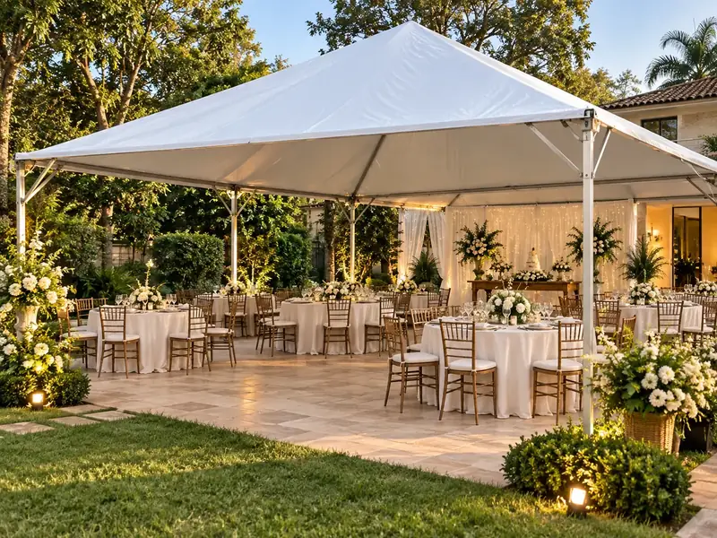 Tenda para evento decorada com iluminação ao entardecer