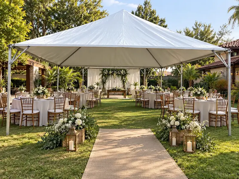 Tenda piramidal montada para casamento em jardim